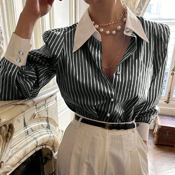 Black Casual Women's Button Down Long Sleeve Loose Fit Striped Blouse - Picture 1 of 4
